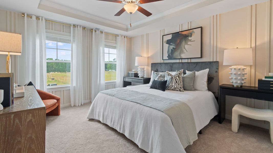 Primary Bedroom with tray ceiling, accent walls, carpet, ceiling fan, and windows