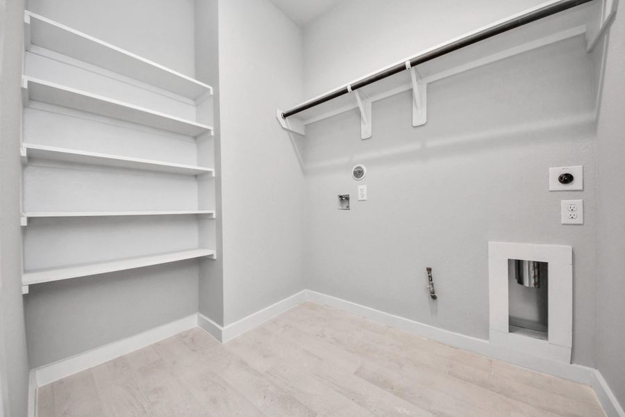 A perfect blend of functionality and comfort. Capture the essence of easy living with a first-floor laundry room, thoughtfully equipped with shelving for effortless organization. Both electric and gas connections available.