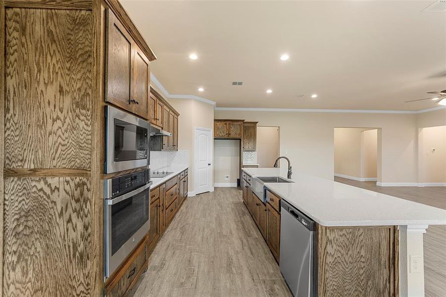 Kitchen with appliances with stainless steel finishes, a sink, under cabinet range hood, light wood-type flooring, and a large island