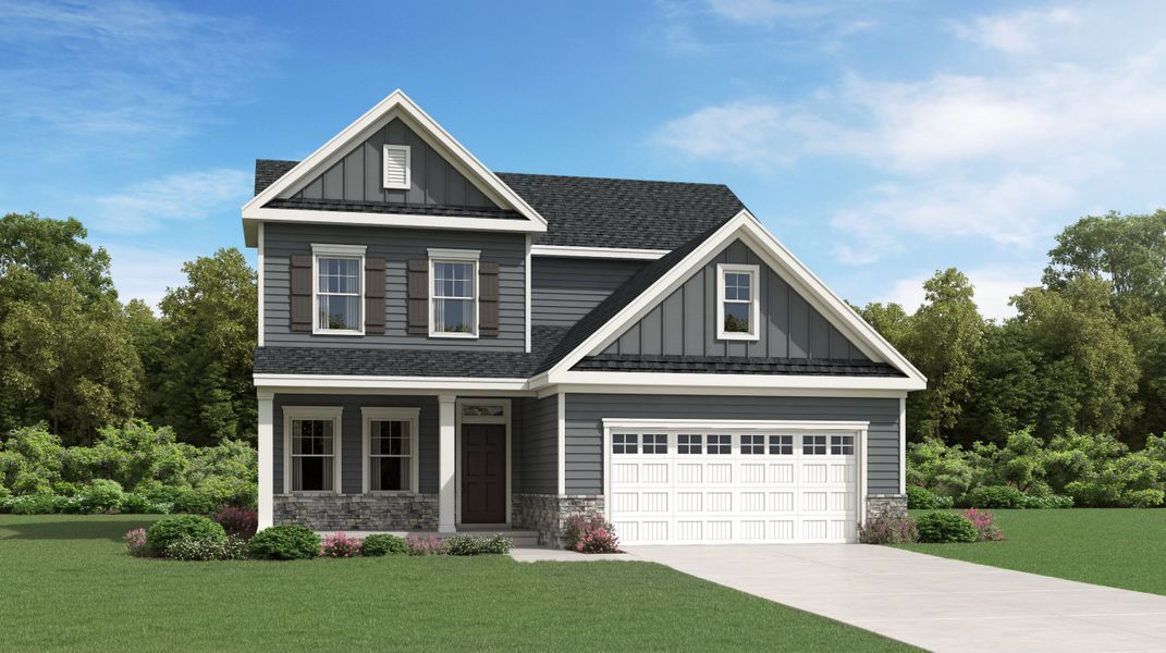 Front exterior of a new home in Everlee, Raleigh, NC, highlighting curb appeal (Image 1). Front exterior of a new home in Everlee, Raleigh, NC, highlighting curb appeal (Image 1).