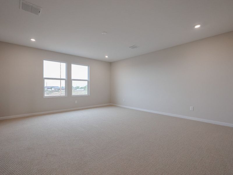A room with a carpet and windows.