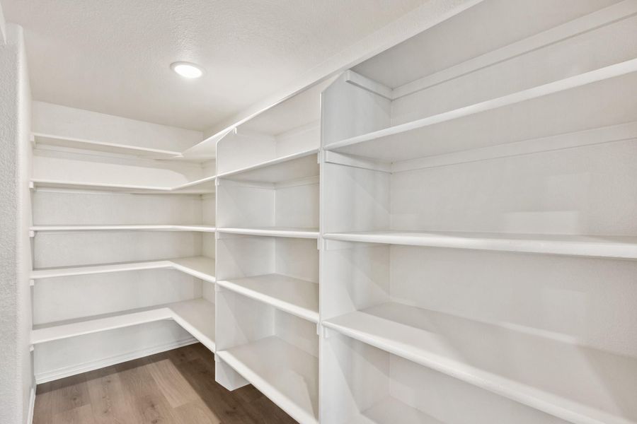 Walk-in pantry with white built-in shelving on three walls and hardwood floors Walk-in pantry with white built-in shelving on three walls and hardwood floors