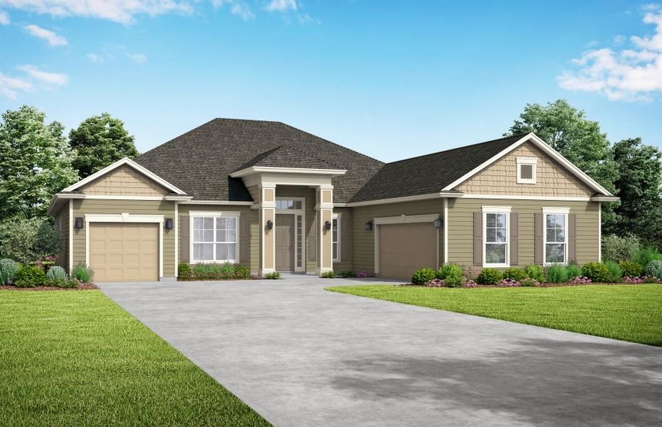 Representative exterior photo of a completed home built from the Hampton by SEDA New Homes in Edwards Creek Estates, Jacksonville, FL (Image 2). Representative exterior photo of a completed home built from the Hampton by SEDA New Homes in Edwards Creek Estates, Jacksonville, FL (Image 2).
