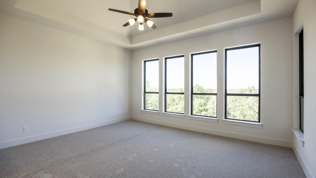 Spare room with a raised ceiling, carpet, and a ceiling fan Spare room with a raised ceiling, carpet, and a ceiling fan
