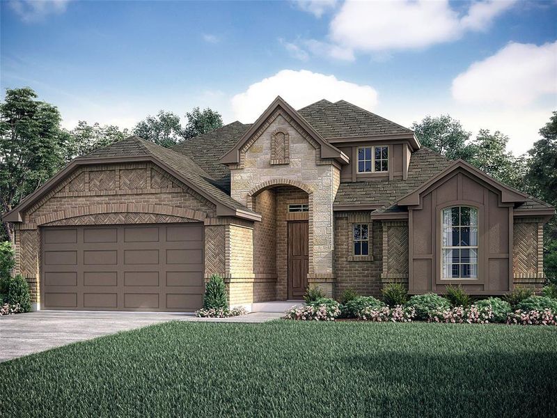 French country home with a garage and a front lawn