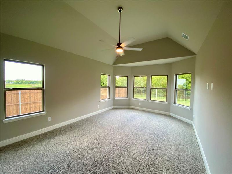 Large master will vaulted ceiling, bay window with amazing view of trees, and ceiling fan Large master will vaulted ceiling, bay window with amazing view of trees, and ceiling fan