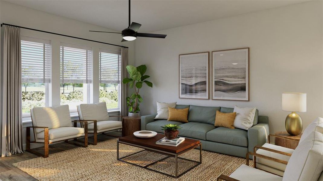 A family room filled with natural light and plenty of space to host the entire family!  VIRTUALLY STAGED RENDERING