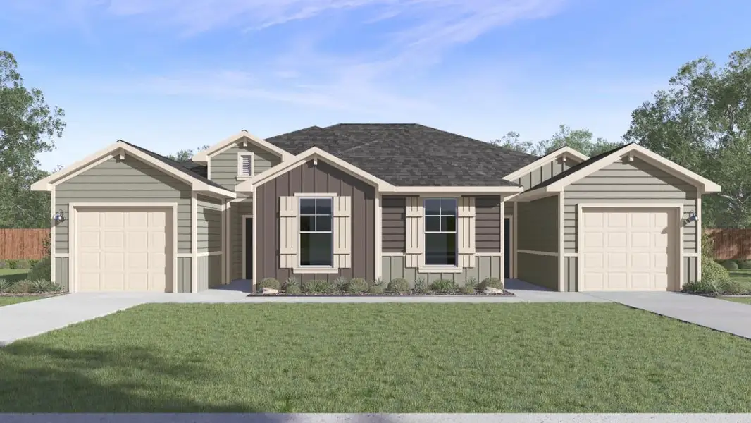 Front exterior of a new home in Wayside, Uhland, TX, highlighting curb appeal (Image 1).