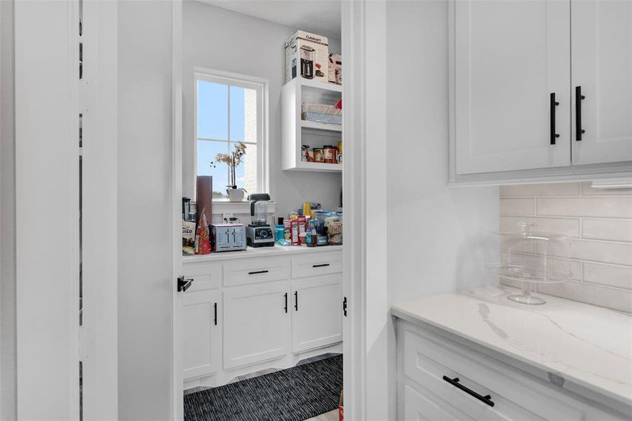 Walk-in pantry has frosted glass. Under cabinet lighting in this kitchen as well.