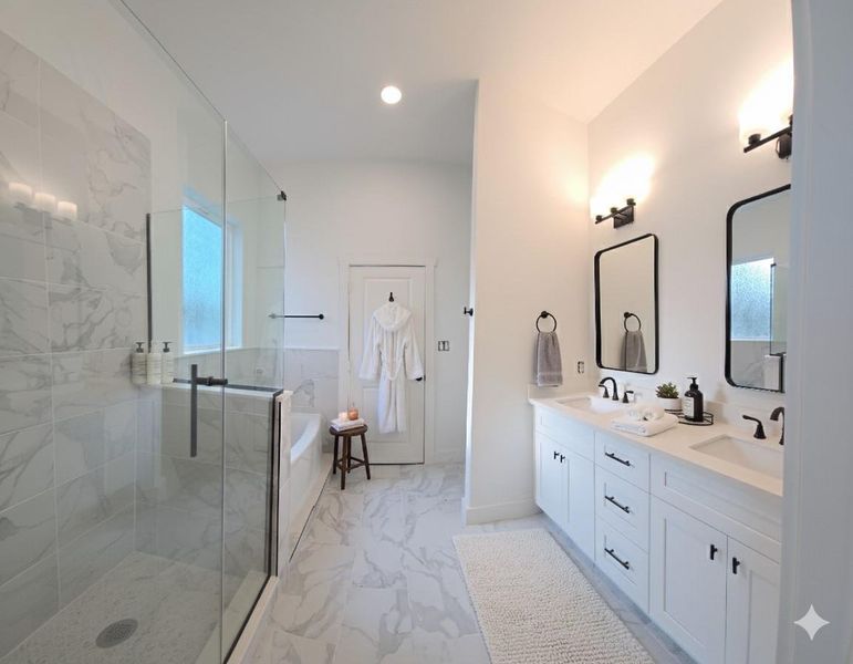 Primary Bath - with glass shower and soaking tab. Dual vanity sinks. Primary Bath - with glass shower and soaking tab. Dual vanity sinks.