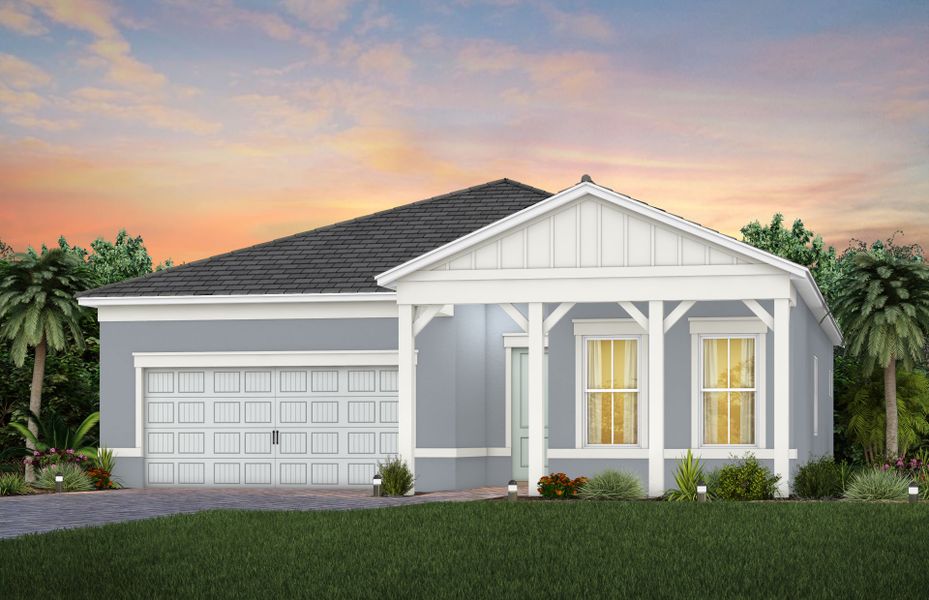 Front exterior of a new home in TerraWalk at Babcock Ranch, Alva, FL, highlighting curb appeal (Image 1). Front exterior of a new home in TerraWalk at Babcock Ranch, Alva, FL, highlighting curb appeal (Image 1).