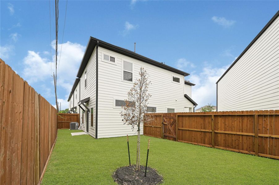 This photo showcases the backyard of a modern two-story house with white siding. The yard features a well-maintained lawn, a small tree, and is enclosed by a wooden fence, offering privacy and a cozy outdoor space. This photo showcases the backyard of a modern two-story house with white siding. The yard features a well-maintained lawn, a small tree, and is enclosed by a wooden fence, offering privacy and a cozy outdoor space.