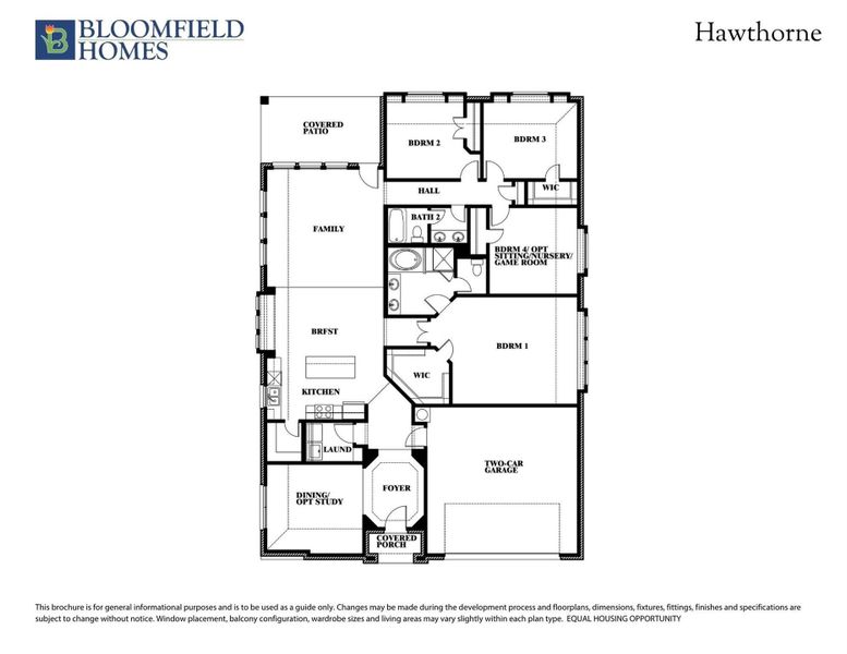 Bloomfield Homes Hawthorne floor plan with four bedrooms, family room, kitchen, and two-car garage on one level.