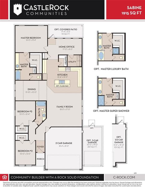 Detailed floor plan of the Sabine by CastleRock Communities showcases a smart, open-concept layout with 3 bedrooms, a home office, 2 baths, and a spacious 2.5-car garage. Optional upgrades include a luxury bath, super shower, and extended patio—designed to fit your lifestyle with flexibility and comfort.