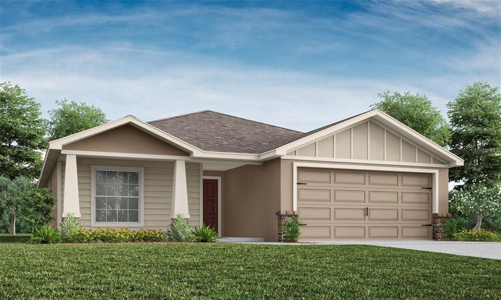 Front exterior of a new home in Lakeside Preserve, Lakeland, FL, highlighting curb appeal (Image 1).