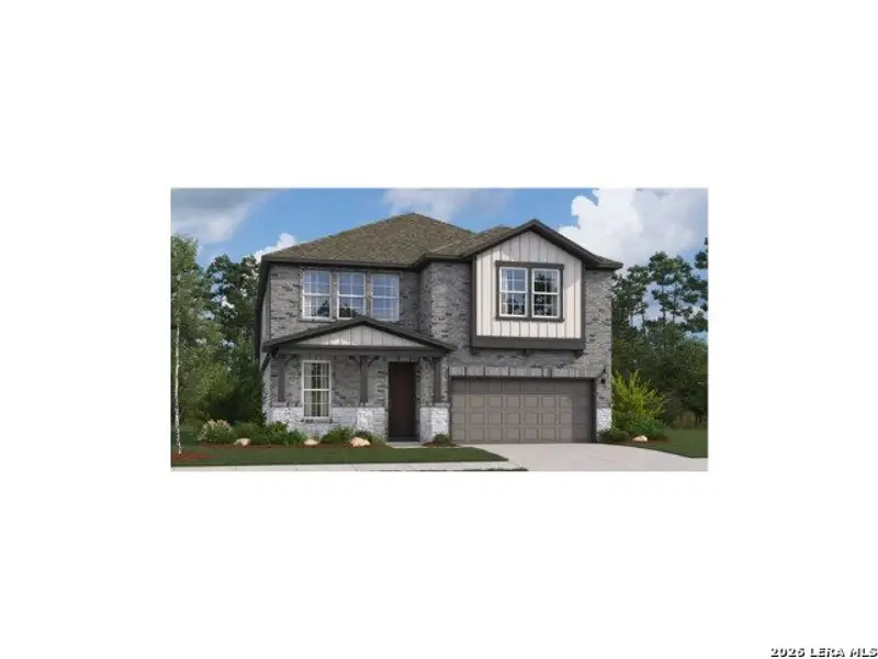 Front exterior of a new home in Hunter's Ranch, San Antonio, TX, highlighting curb appeal (Image 1). Front exterior of a new home in Hunter's Ranch, San Antonio, TX, highlighting curb appeal (Image 1).