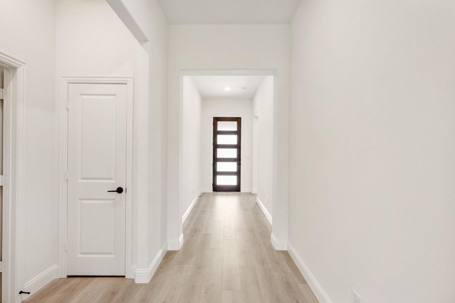 Bright hallway with light wood floors, white walls, and dark wood front door with glass panels Bright hallway with light wood floors, white walls, and dark wood front door with glass panels