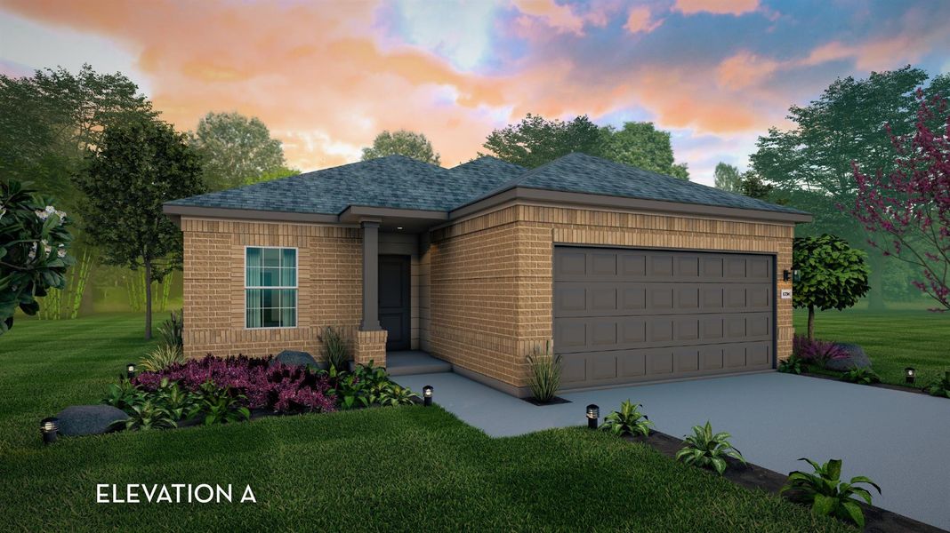 Ranch-style home featuring a front yard, an attached garage, brick siding, and concrete driveway