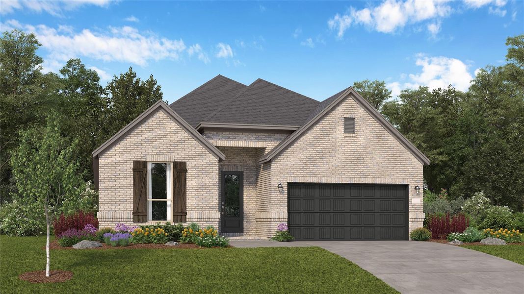 Front exterior of a new home in The Highlands, Porter, TX, highlighting curb appeal (Image 1). Front exterior of a new home in The Highlands, Porter, TX, highlighting curb appeal (Image 1).