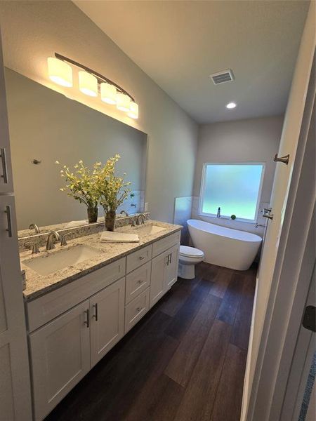 Bathroom featuring wood-type flooring, a bath, vanity, and toilet