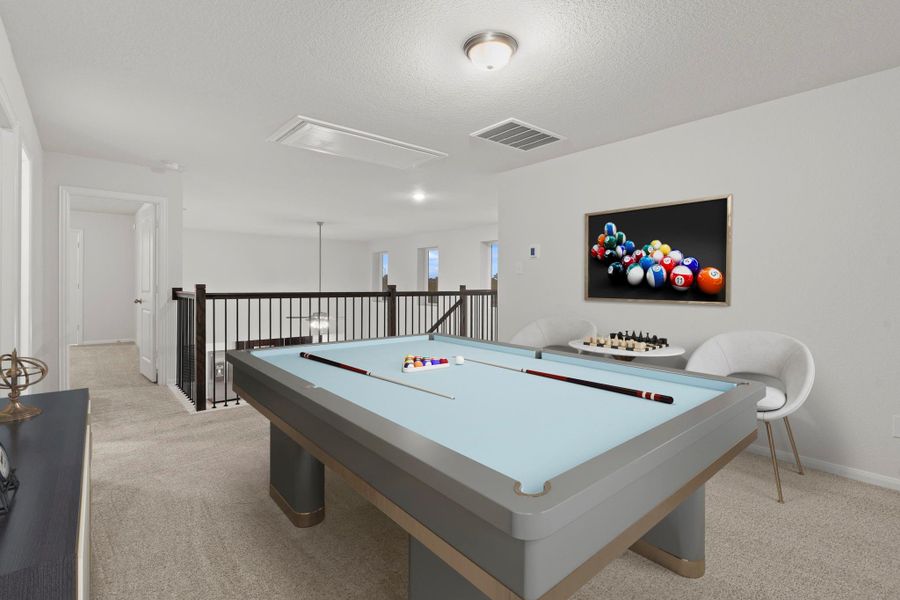 Another virtually staged view of the game room highlights its generous layout and connection to the open railing above the family area. This inviting space offers endless possibilities for play or relaxation.