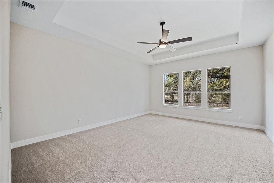 Carpeted spare room featuring a raised ceiling and ceiling fan Carpeted spare room featuring a raised ceiling and ceiling fan