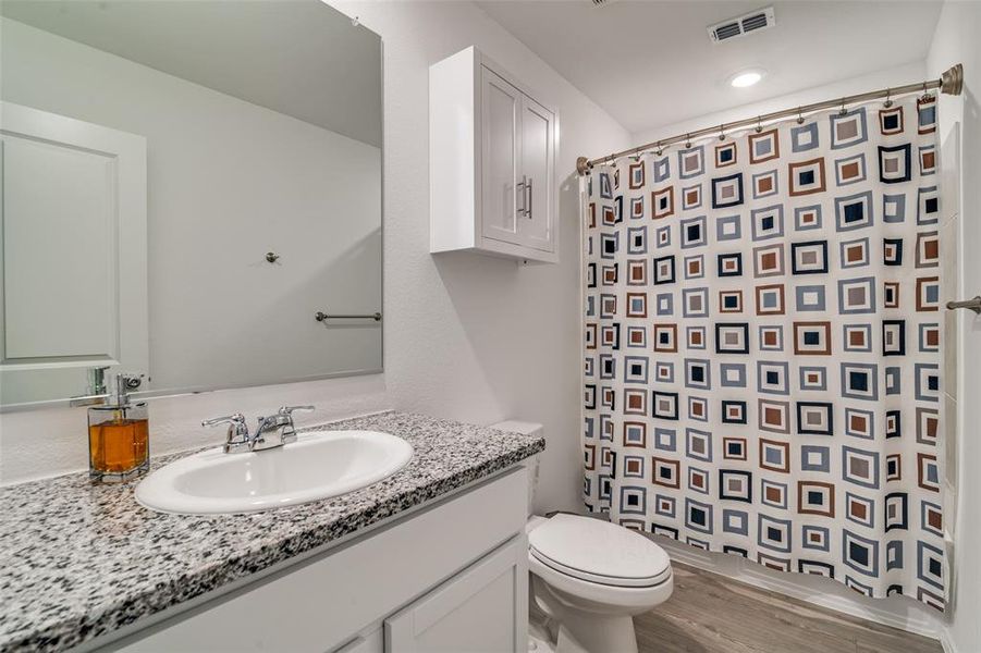 Bathroom with hardwood / wood-style floors, toilet, and vanity