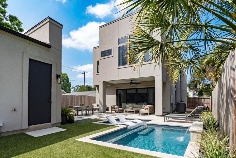 **Virtual pool rendering** shows the backyard's potential for a future pool while still maintaining patio space, turf, and room to entertain.