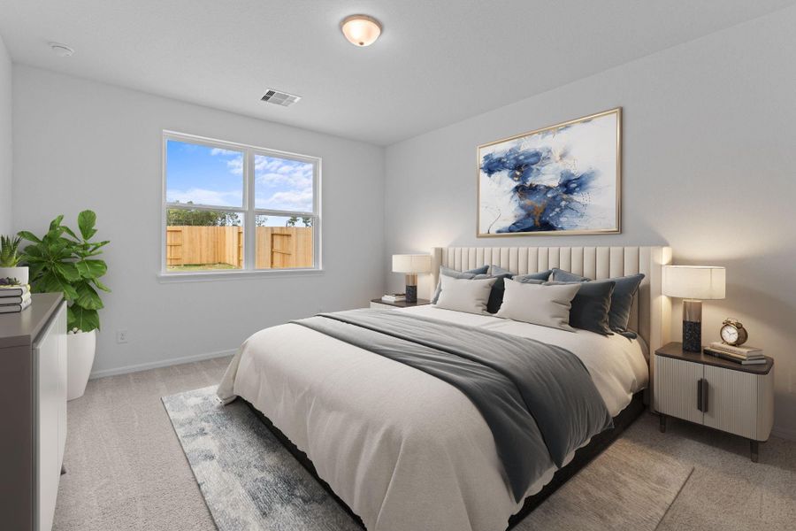 The primary bedroom is generously sized, creating a tranquil and spacious retreat that offers ample room for relaxation. Featuring plush carpet, high ceilings, fresh paint, and large windows that lets in natural lighting throughout the day. The primary bedroom is generously sized, creating a tranquil and spacious retreat that offers ample room for relaxation. Featuring plush carpet, high ceilings, fresh paint, and large windows that lets in natural lighting throughout the day.