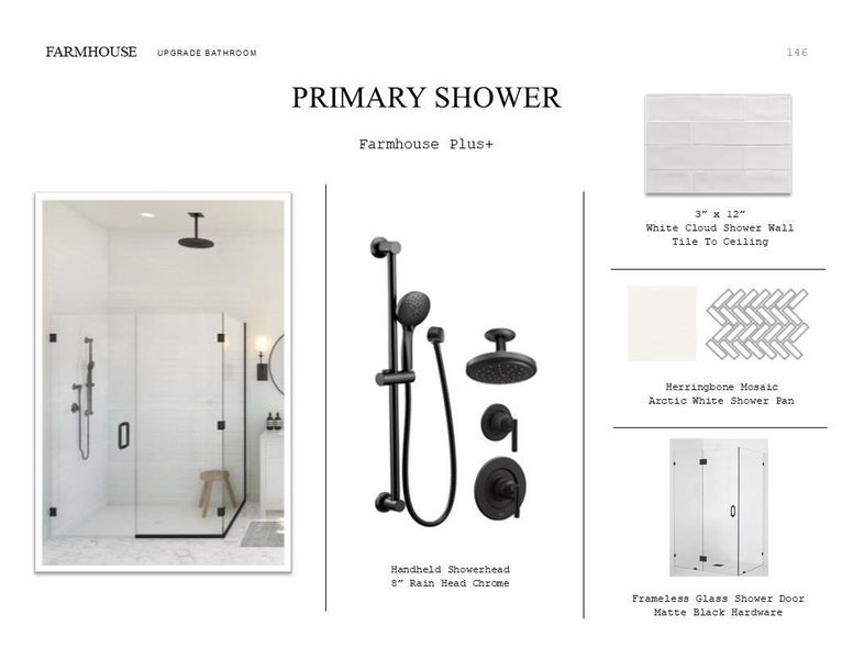 Farmhouse Look Palette 4: Primary Bathroom Selection Sheet (*Artist rendering used for illustration purposes only.) Farmhouse Look Palette 4: Primary Bathroom Selection Sheet (*Artist rendering used for illustration purposes only.)
