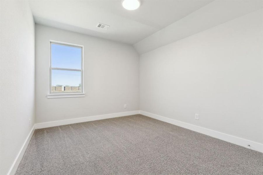 Spare room featuring lofted ceiling and carpet flooring