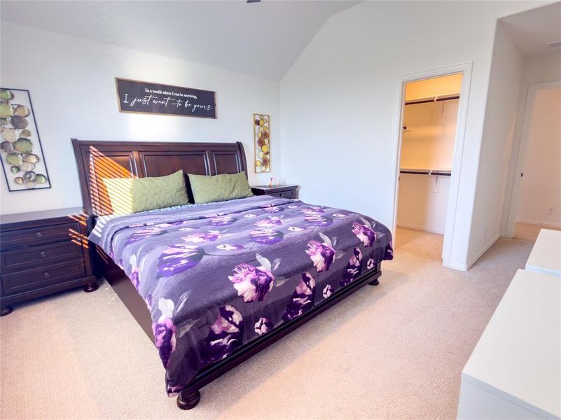 Bedroom featuring light colored carpet, a walk in closet, and lofted ceiling