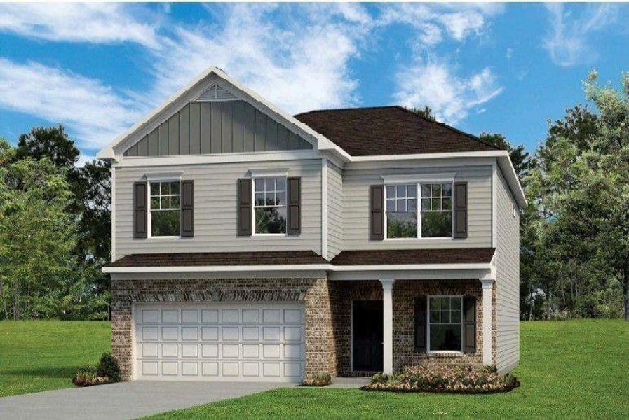 Front exterior of a new home in Glen at Cave Springs, Douglasville, GA, highlighting curb appeal (Image 1). Front exterior of a new home in Glen at Cave Springs, Douglasville, GA, highlighting curb appeal (Image 1).