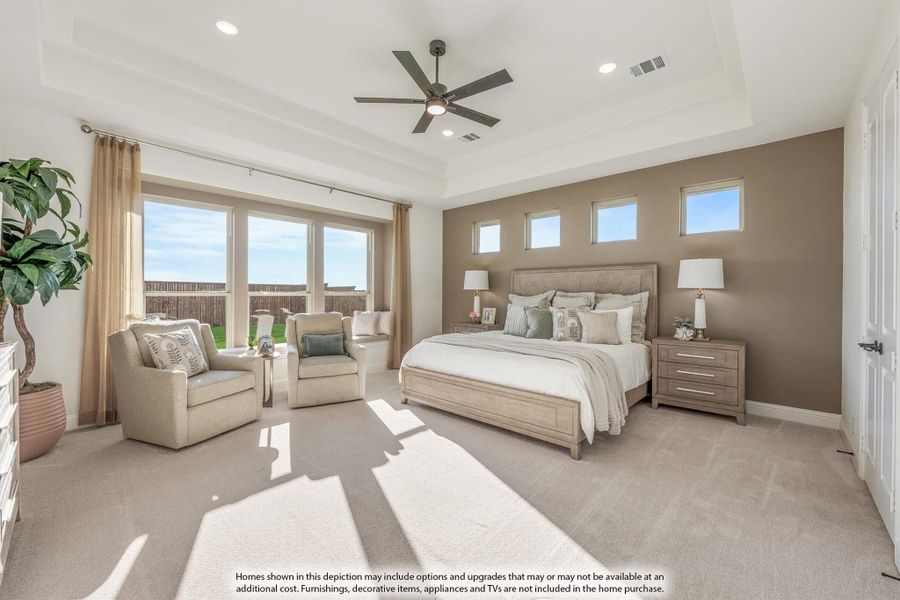 Spacious master bedroom with tray ceiling, ceiling fan, tan accent wall, and large windows with natural light