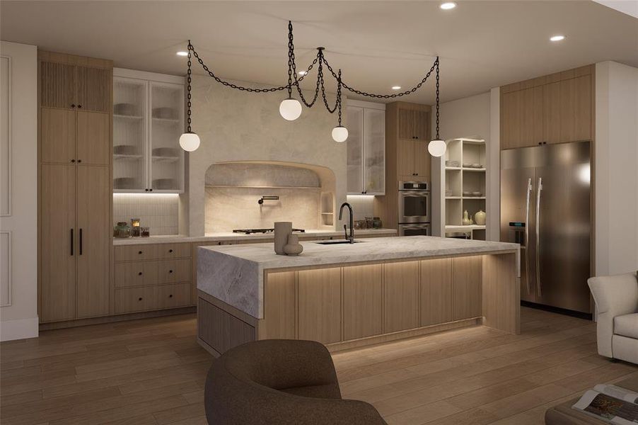 Kitchen featuring light wood finish cabinetry, stainless steel appliances, light wood-type flooring, decorative backsplash, and light stone countertops