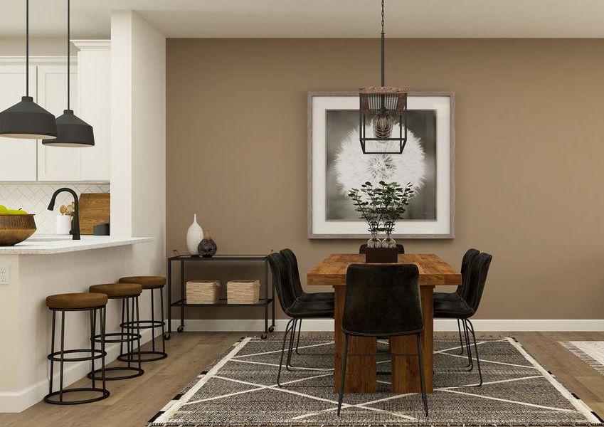 Rendering of the
  dining room centered between the kitchen and living room. The space is
  furnished with a six-person table, rug and bar cart.