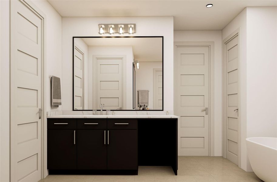 Retreat to the luxurious ROCcreek primary bath, where spa-inspired design meets everyday comfort with elegant finishes, a spacious layout, and a calming atmosphere designed for relaxation and recharge. Image shown is an artist’s rendering; final colors and selections may vary. Please see the New Home Consultant for details.