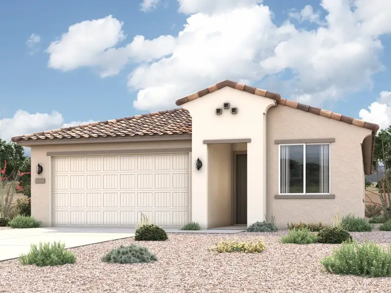 Rendering of front of new home for sale in San Tan, AZ with 2 car garage in the beautiful Skyline Village community with pool. Rendering of front of new home for sale in San Tan, AZ with 2 car garage in the beautiful Skyline Village community with pool.