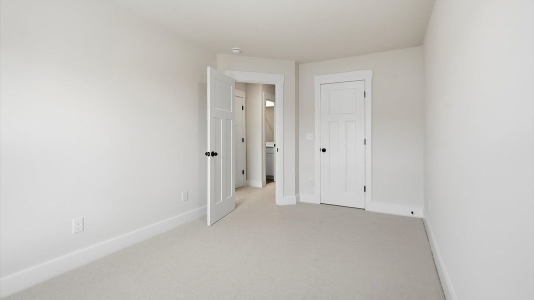 Elegant bedroom retreat featuring soft carpeting and a thoughtfully designed walk-in closet