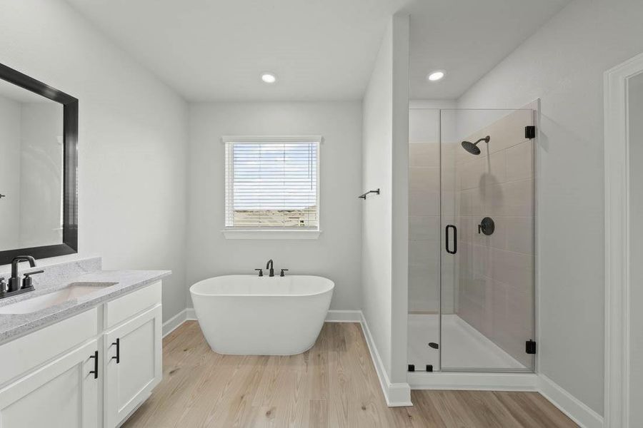 Master bathroom includes granite countertop, elongated mirror, and dual-vanity sinks. Relax in the large soaking tub or enjoy the spacious, standing shower.