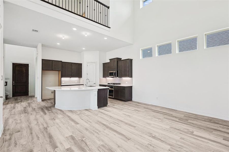 Kitchen with stainless steel appliances, light hardwood / wood-style floors, an island with sink, and plenty of natural light