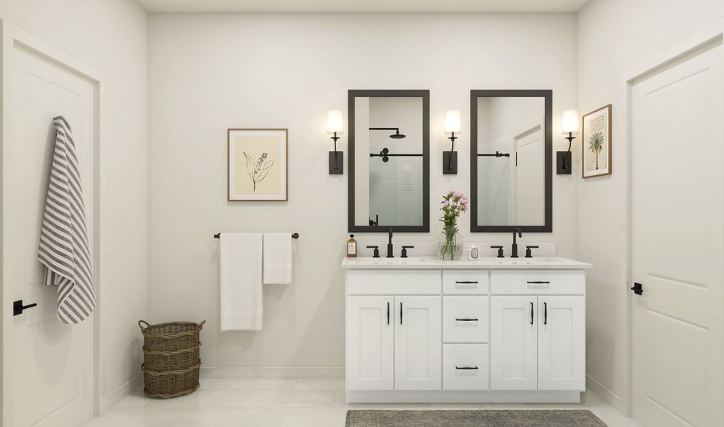 Primary bath with dual matte black mirrors Primary bath with dual matte black mirrors