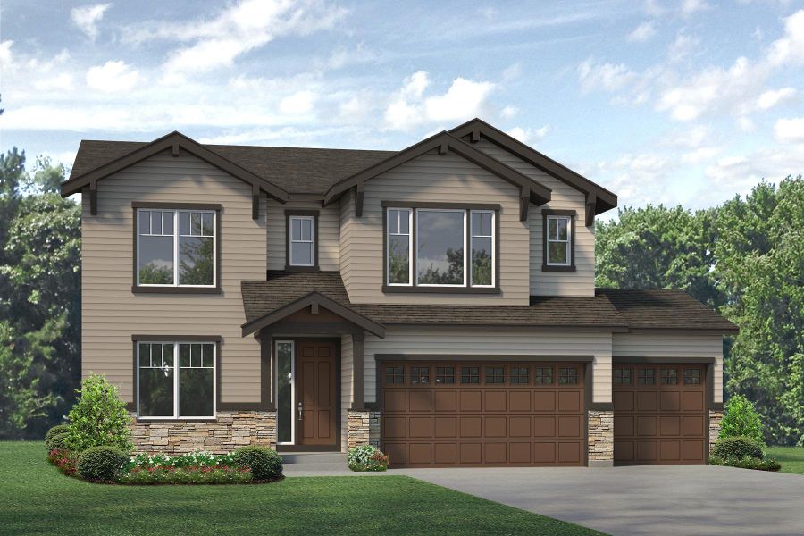 Representative exterior photo of a completed home built from the Silverton by Risewell Homes in Highlands Preserve, Mead, CO (Image 2). Representative exterior photo of a completed home built from the Silverton by Risewell Homes in Highlands Preserve, Mead, CO (Image 2).