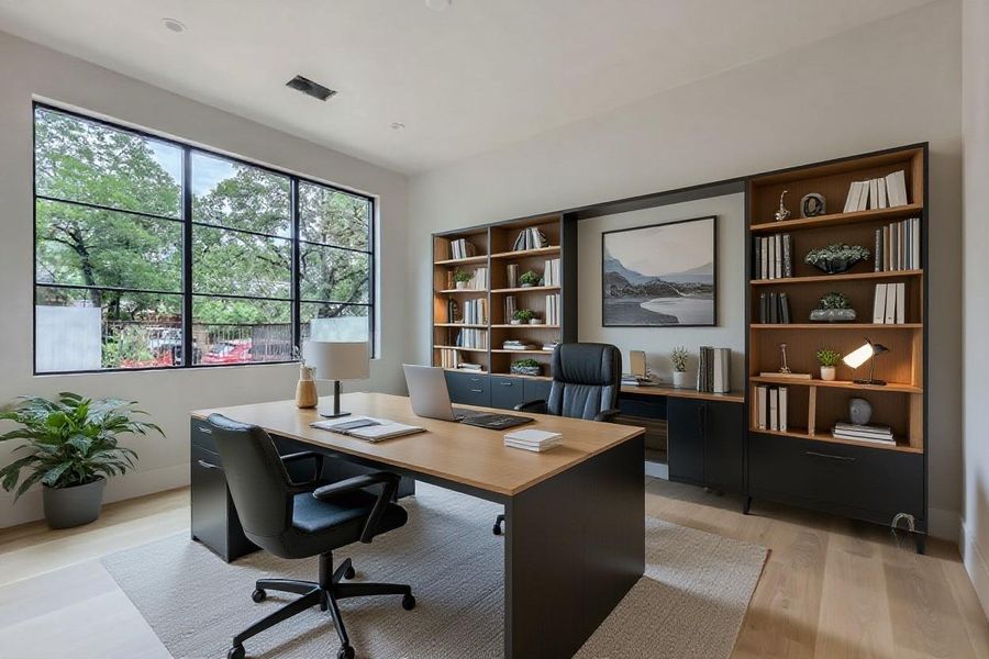 A well-appointed home office boasts built-in shelving and ample natural light from an oversized window. AI staging.