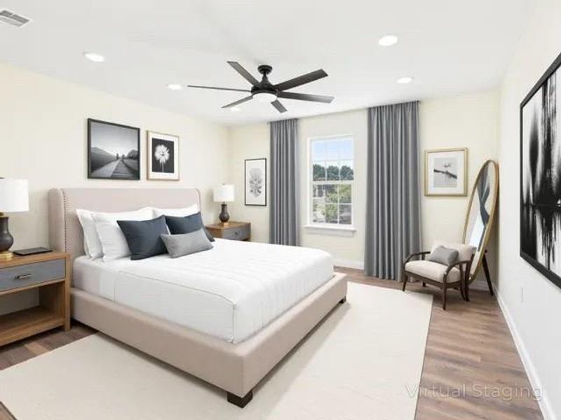 After photofeaturing ceiling fan, wood finished floors, and recessed lighting