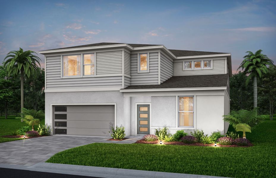 Front exterior of a new home in Windsor Cay Resort, Clermont, FL, highlighting curb appeal (Image 1).