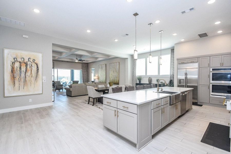 Upscale kitchen open to the living and dining area. Upscale kitchen open to the living and dining area.