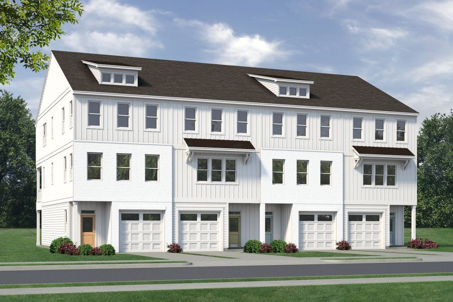 Front exterior of a new home in Anchors Bend Townes, Wilmington, NC, highlighting curb appeal (Image 2). Front exterior of a new home in Anchors Bend Townes, Wilmington, NC, highlighting curb appeal (Image 2).