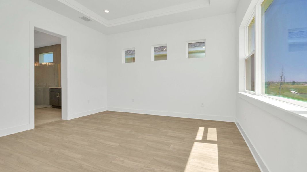 The Primary Bedroom of a DRB Homes Grand Hawk which is offered as a home plan at Serengeti in Spring Hill, FL.