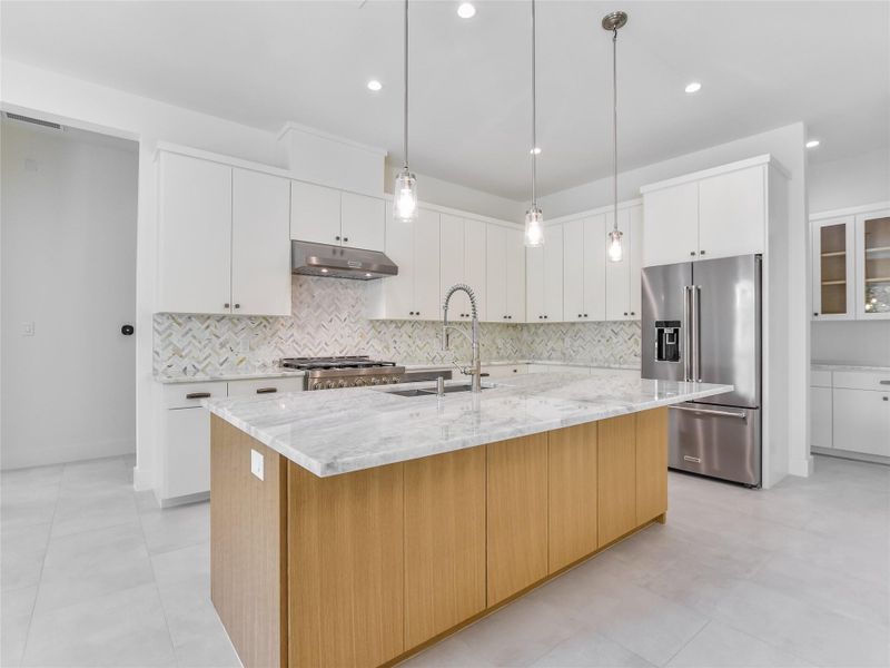 Kitchen with range, high end fridge, Quartz countertops, under cabinet range hood.